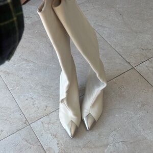 Isabel Marant Cream Knee-High Heeled Boots with Silver Toe